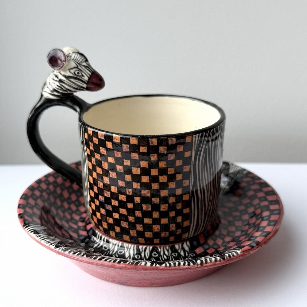 Ardmore Ceramics Studio Pottery Zebra Cup & Saucer 1999 South African Zulu